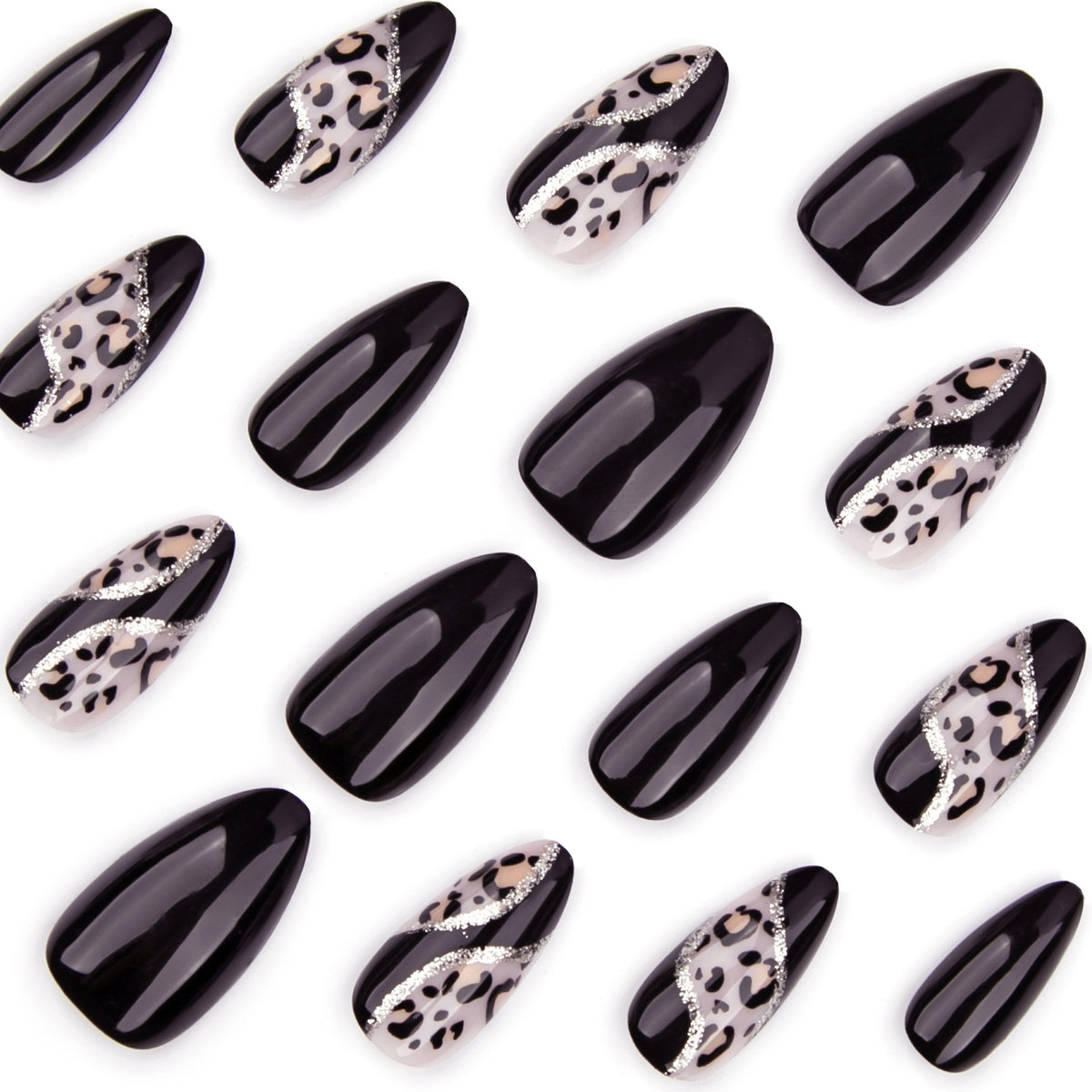 Kunstvolle Stiletto-Nägel mit leopardischem Design und Glitzereffekten Brehn
