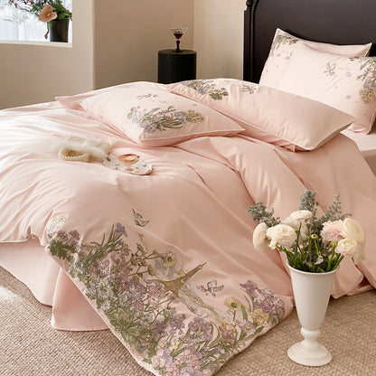 Seiden-ähnliches Satingesticktes Pariser Blumendeckenbezug-Set mit Paspel-Kissenbezügen