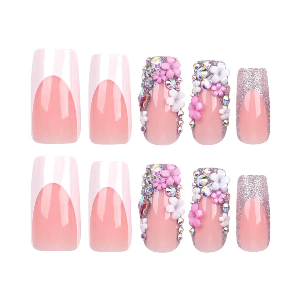 Kunstnagelset mit eleganten 3D-Blüten und Glitzerverzierungen Brehn