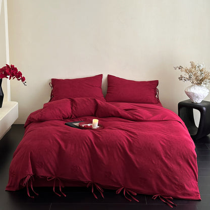 Luxuriöses Baumwollsatin-Bettwäsche-Set mit Zierbändern und Jacquardstruktur