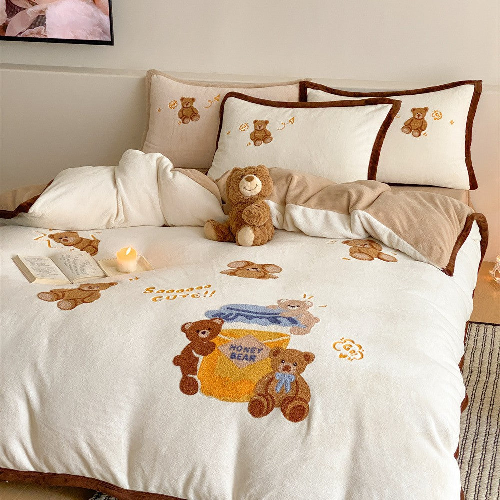Kuschel-Bettwäscheset mit gestickten Teddybär-Motiven