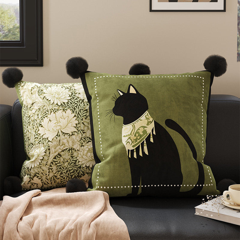 Decorative Velvet Throw Pillow Cover with Cat Silhouette and Corner Pom-Poms