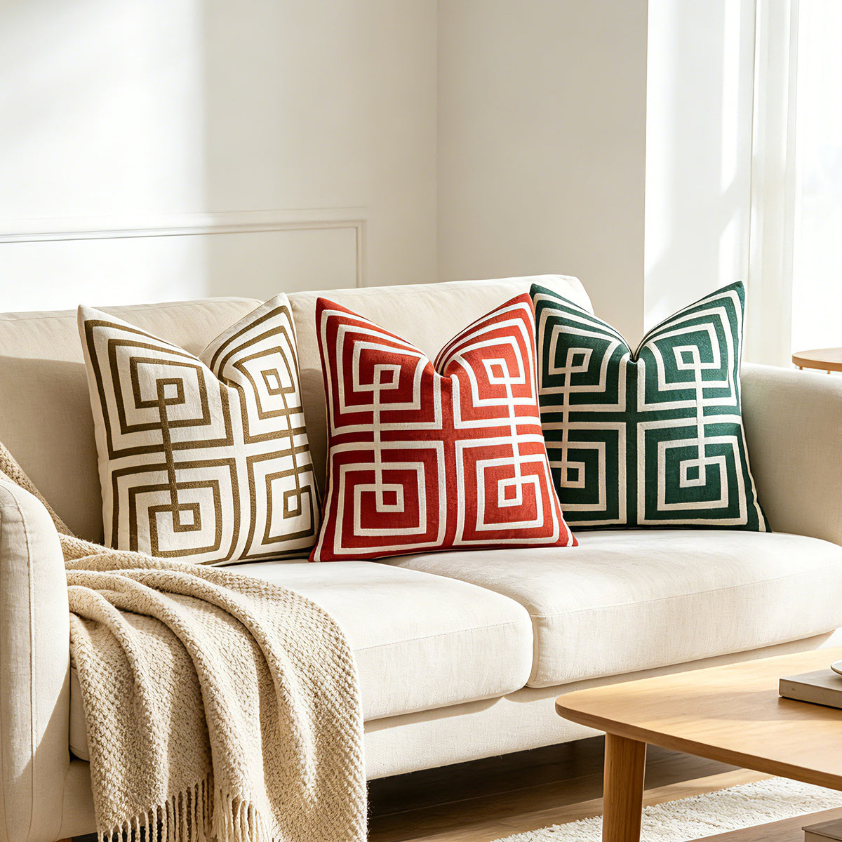 Geometrisch bestickter Baumwoll-Leinen Quadrat Sofakissenbezug mit erhöhtem Chenille Labyrinth Applikation