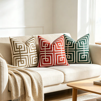 Geometrisch bestickter Baumwoll-Leinen Quadrat Sofakissenbezug mit erhöhtem Chenille Labyrinth Applikation