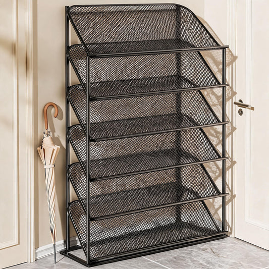 Vierstufiger vertikaler geneigter Metallgitter-Schuhregal-Organizer
