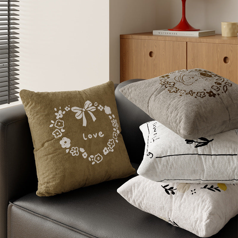 Square Plush Textured Decorative Pillow Cover with Hand-Drawn Pizza Illustration and Botanical Accents
