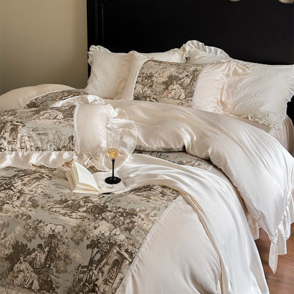 Luxuriöses Satin-Bettwäscheset mit Toile‑Motiv, Volant und Spitzenbesatz