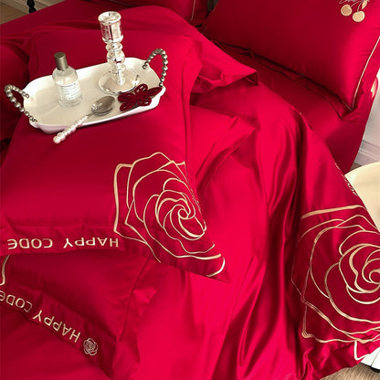 Luxuriöses Bettwäsche-Set aus Baumwollsatin mit Rosenstickerei