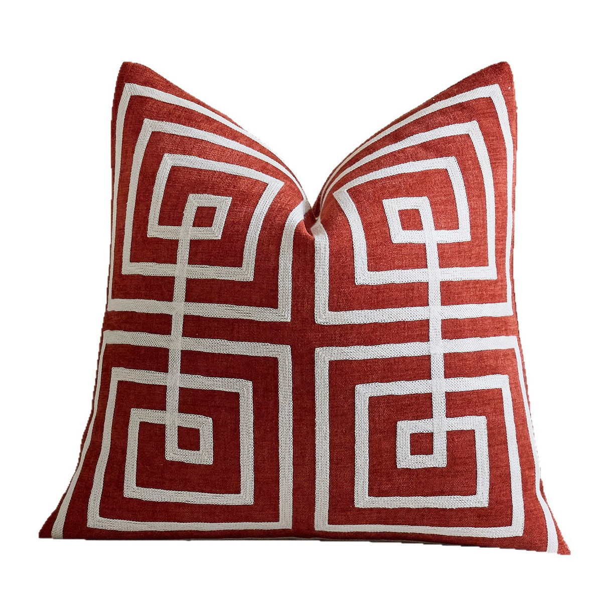 Geometrisch bestickter Baumwoll-Leinen Quadrat Sofakissenbezug mit erhöhtem Chenille Labyrinth Applikation