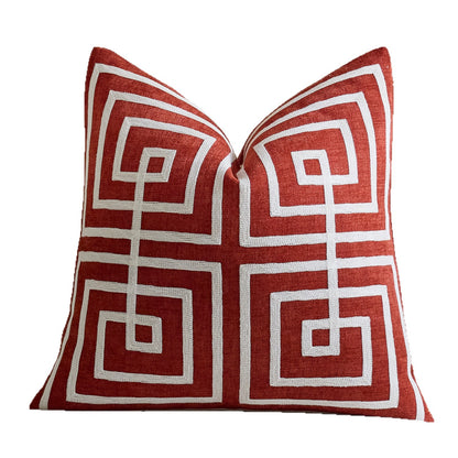 Geometrisch bestickter Baumwoll-Leinen Quadrat Sofakissenbezug mit erhöhtem Chenille Labyrinth Applikation