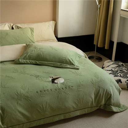 Baumwoll-Bettwäsche-Set mit Relief-Bambus und Panda-Tufting