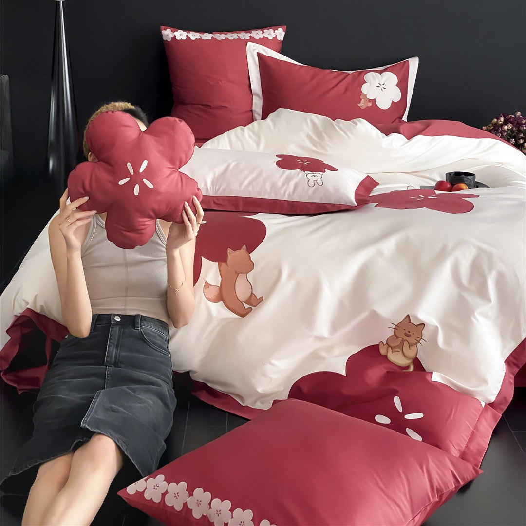 Baumwoll-Satin Bettbezug Set mit bestickter Fuchs und Katze Applikation