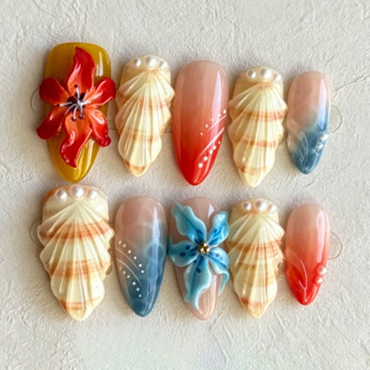 Künstlerisches von Muscheln inspiriertes Press-On Nagelkunst Set Brehn