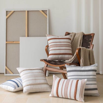 Handgewebtes Baumwoll gestreiftes Boho dekoratives Kissenbezug-Set mit geflochtenem Akzent