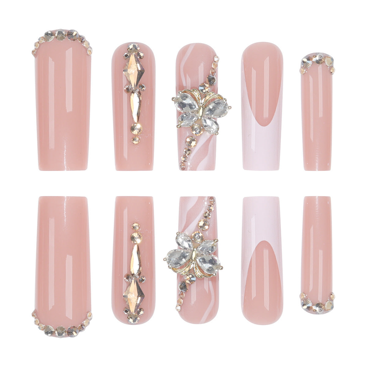 Elegante Lange Press-On Nagelset mit Dekorativen Edelsteinen und Blumenakzenten Brehn