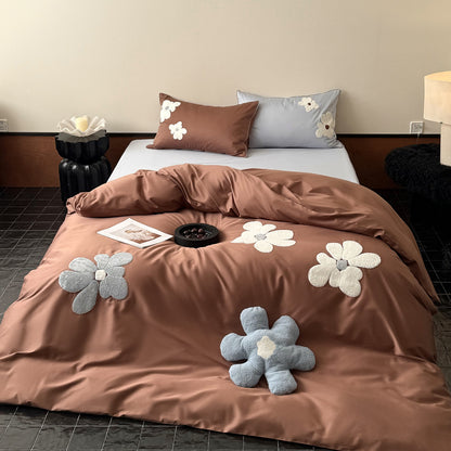 Bettwäsche-Garnitur aus Baumwollsatin mit 3D-Chenille-Blütenapplikation
