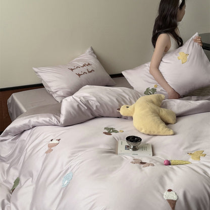 Verspielte Stickerei Satin-Feel Bettbezug & Laken Set