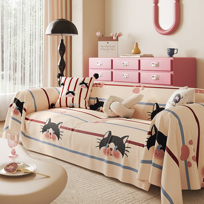 Decorative Stretch-Fit Cat-Print Reversible Sofa Slipcover with Elasticized Skirt