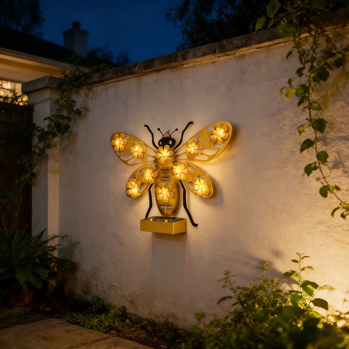 Dekorative Solar LED Bienen Wand Skulptur Mit Floralen Lichterketten Und Metall Halterung Brehn
