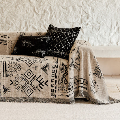 Fringed Tribal Jacquard Sofa Throw Blanket with Reversible Woven Cotton-Linen Blend