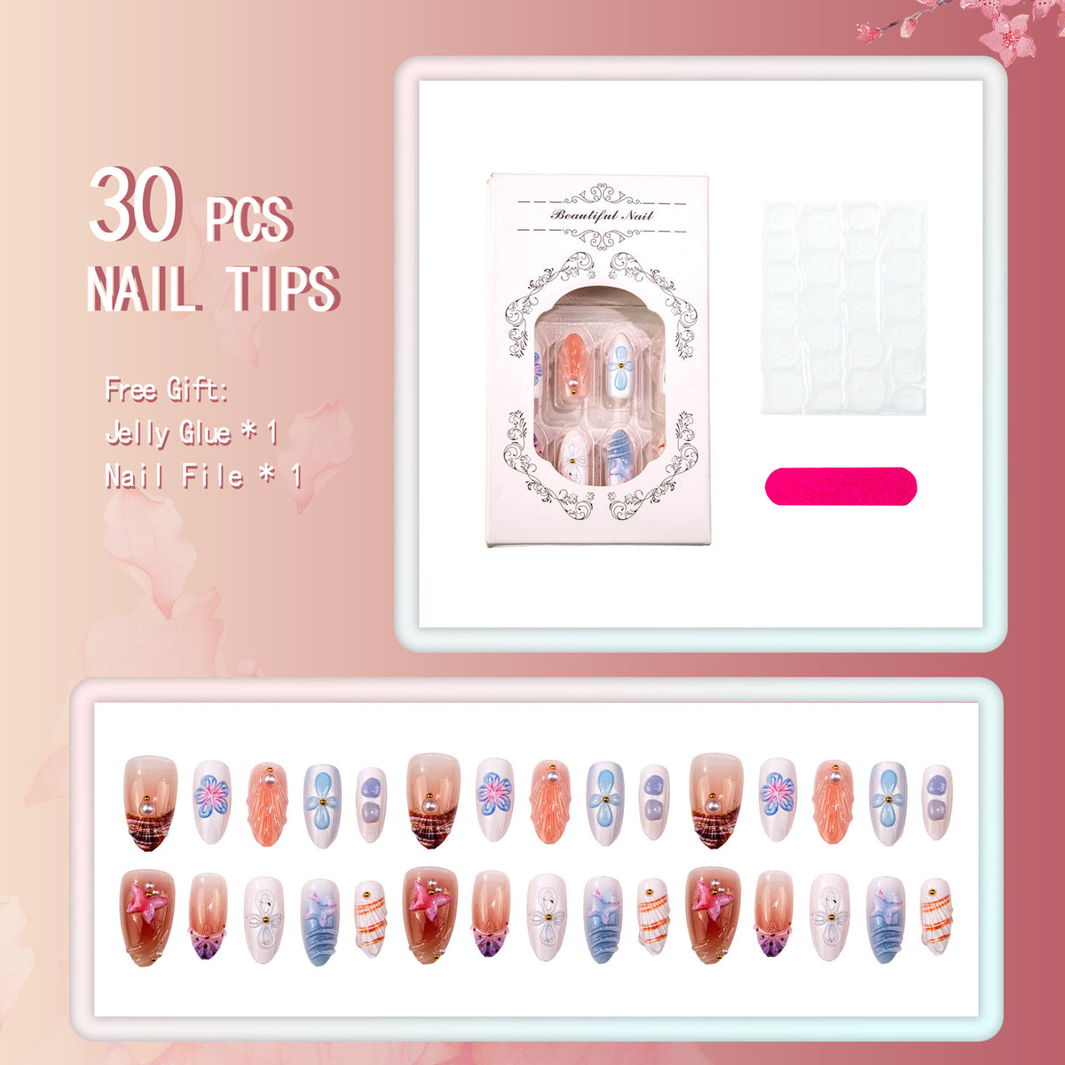 Elegante 3D Blumen Press-On Nagelset