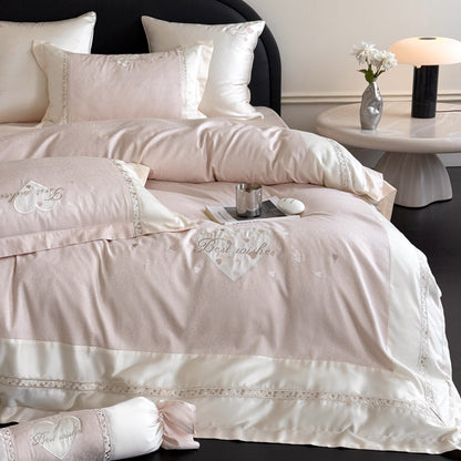 Bestickte Satinbesatz Baumwollsatin Bettbezug Set mit dekorativem Bolster