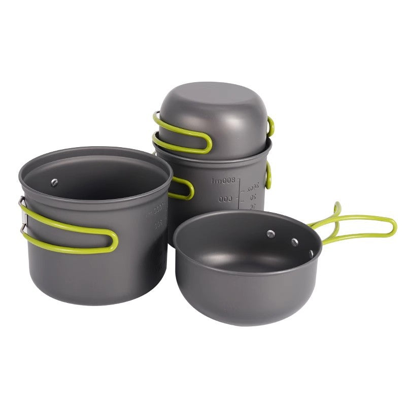 leichtes stapelbares anodisiertes Camping-Kochgeschirr-Set mit faltbaren Silikongriffen und Maßmarkierungen Brehn
