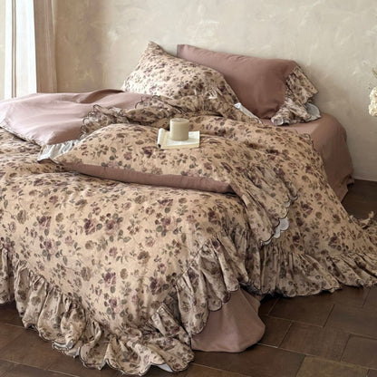 Vintage-Florales Bettwäsche-Set mit romantischer Rüschenbordüre
