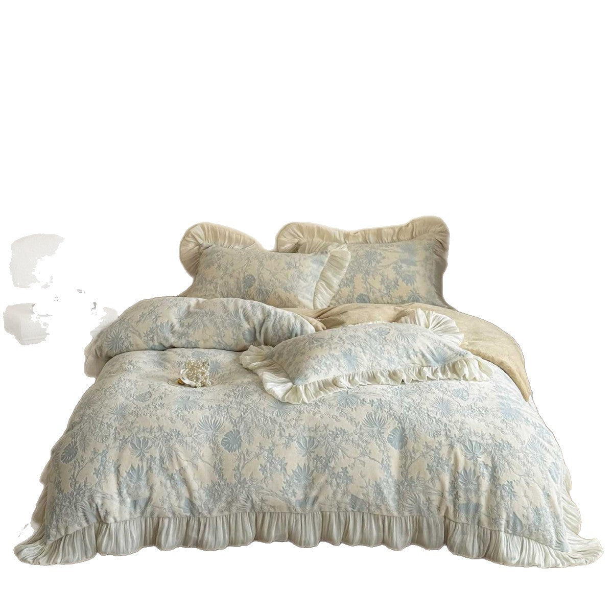 Luxuriöses Rüschen-Bettwäsche-Set mit Jacquard-Blumenmuster und wattierter Tagesdecke