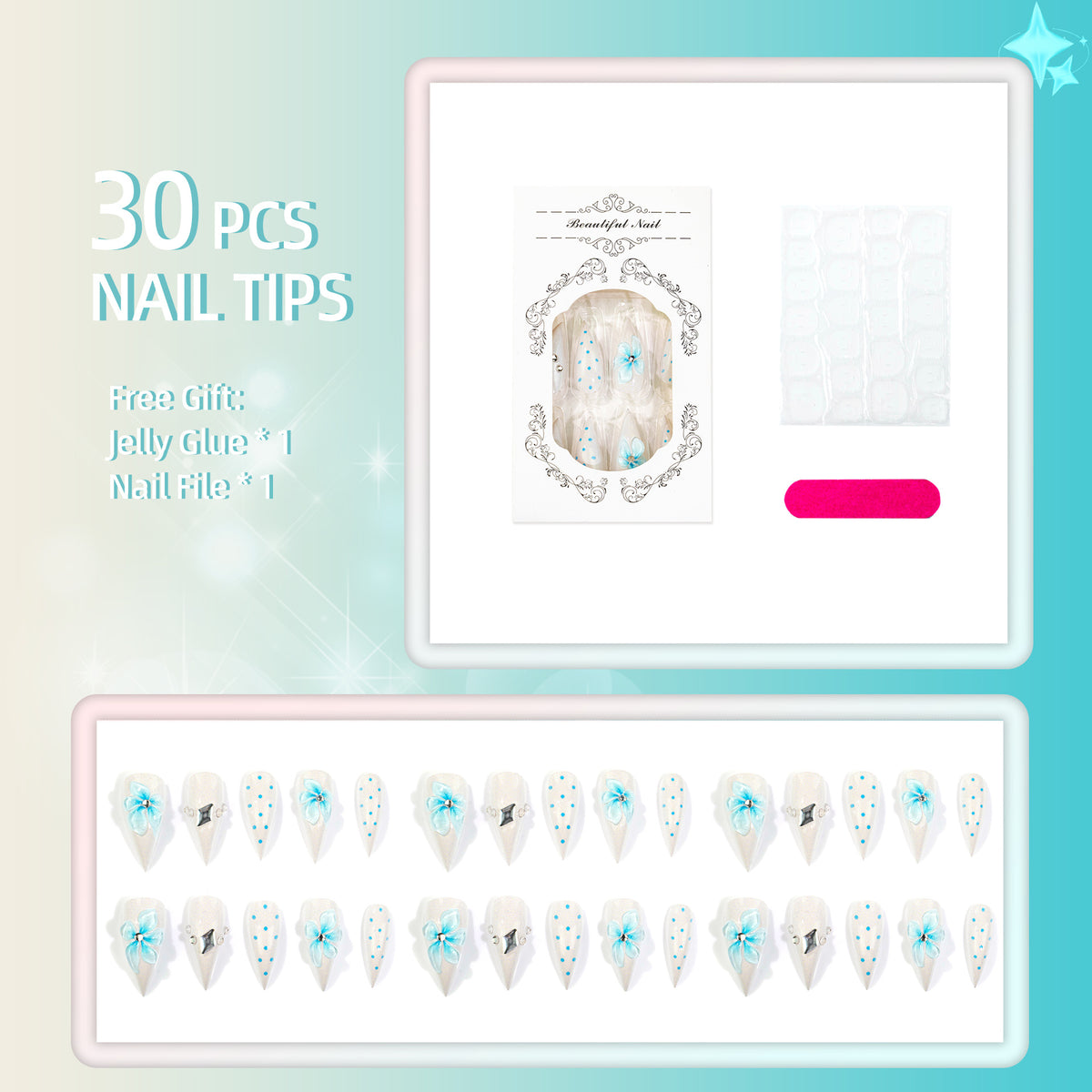 Dekorativer Press-On Nagelset mit floralen und Edelstein-Designs