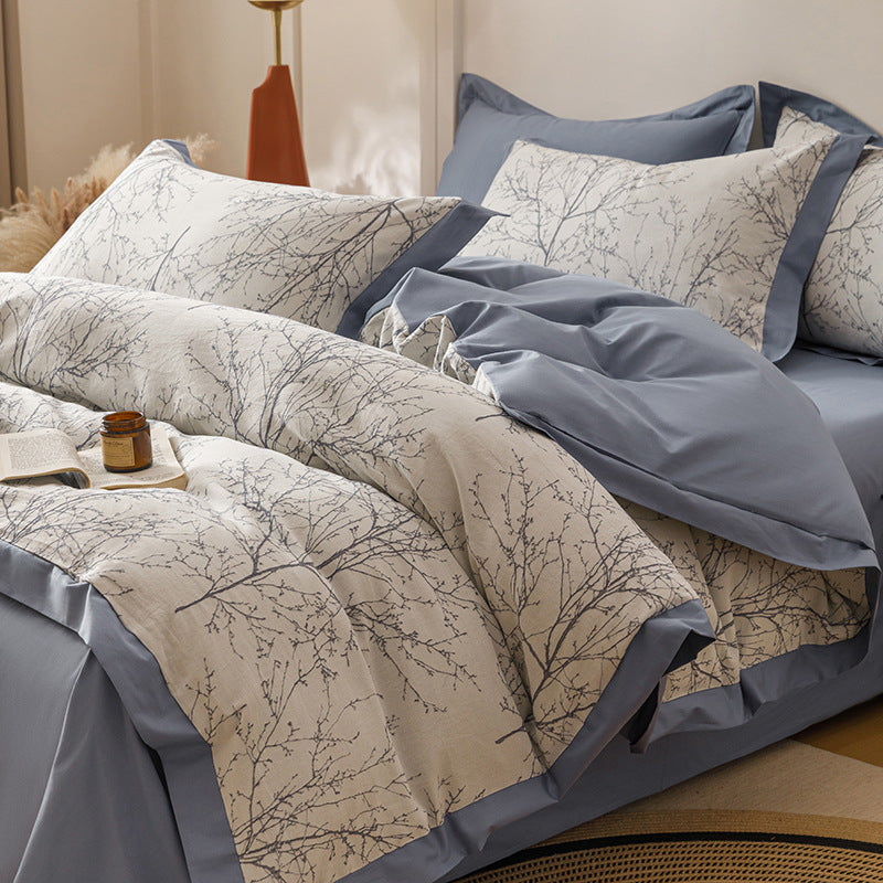 Botanischer Zweigdruck Wendbarer Baumwollsatin Bettbezug Set mit Umschlag Kissenbezügen