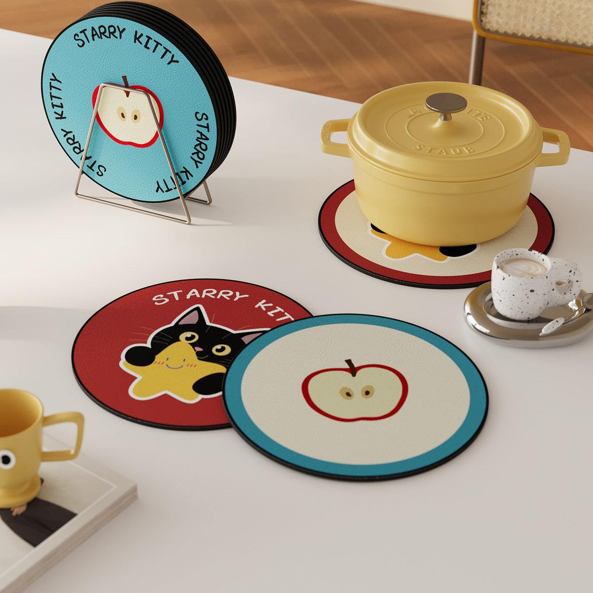 Round Non-Slip PU Leather Drink Coaster with Cute Cat Holding Star Illustration