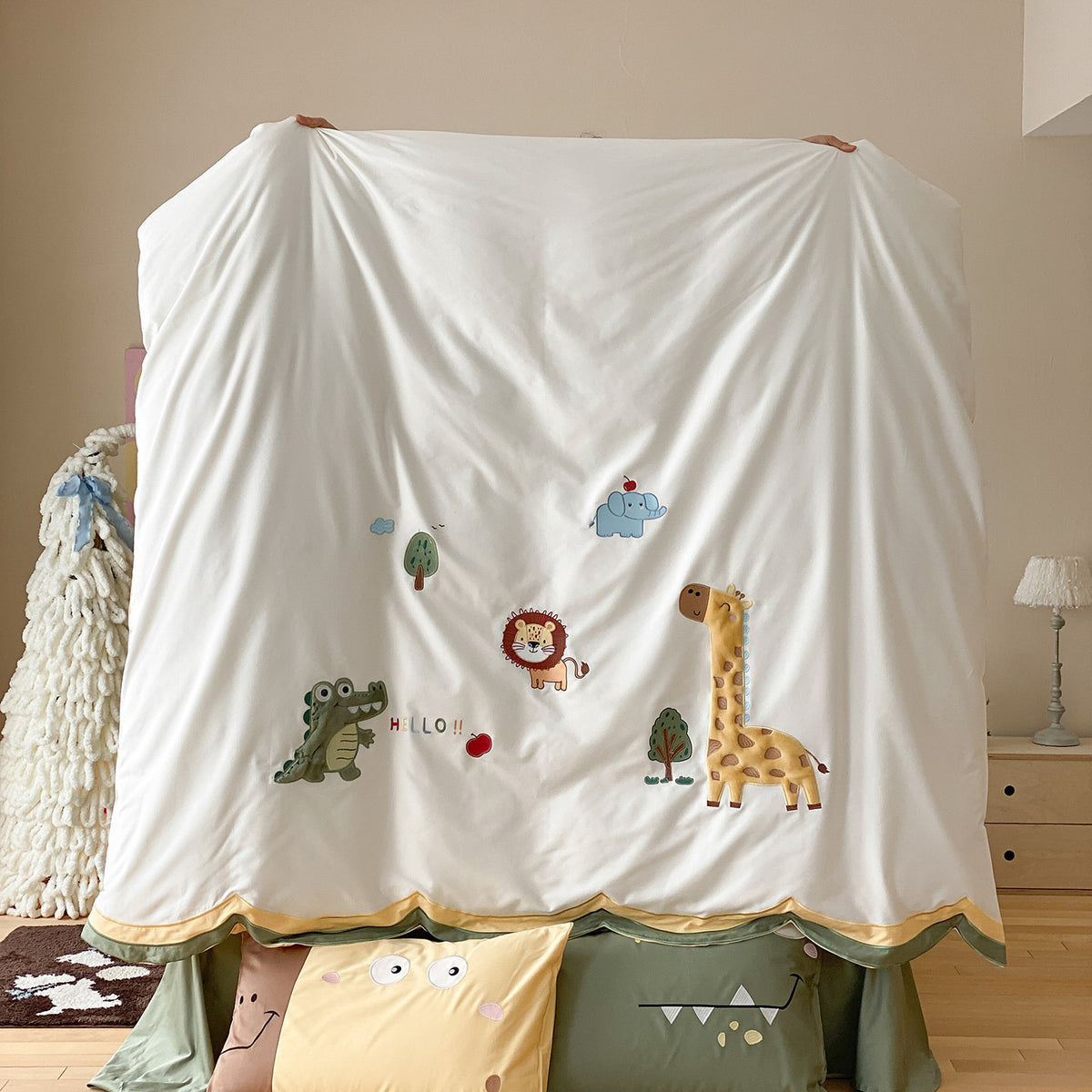 Kinder Baumwoll Applikation Bettwäsche Set mit gestickten Safari-Motiven und Kopfkissenbezügen