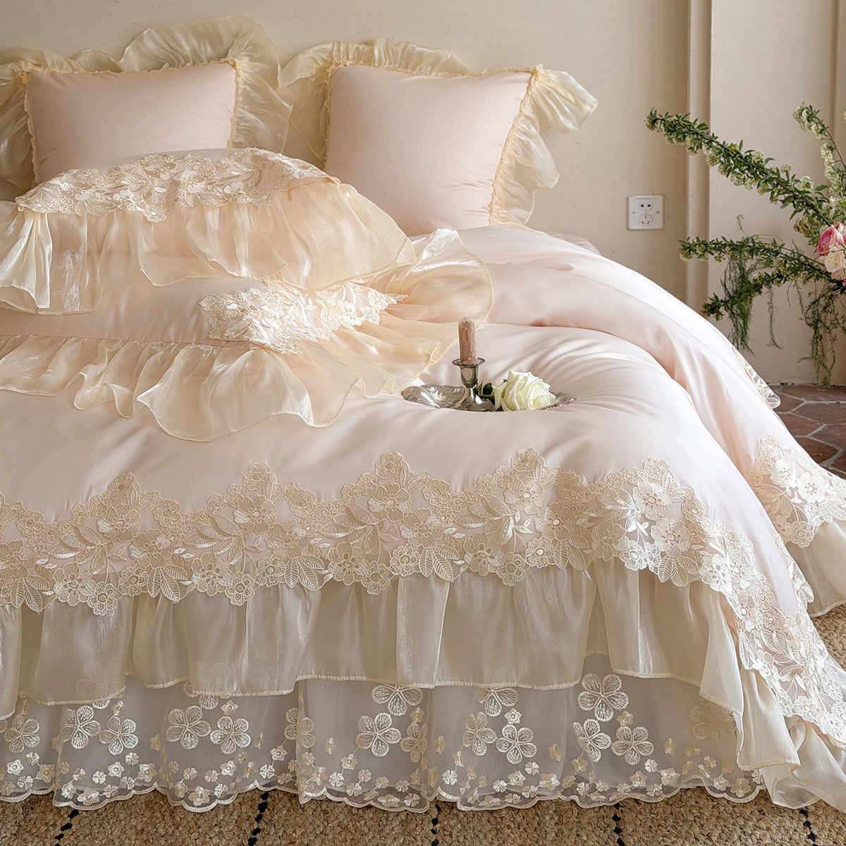 Romantisches Organza-volant Duvetbezug-Set mit Rüschenkissenbezügen
