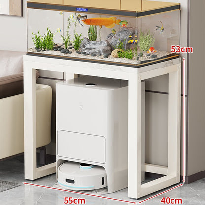 Gold-Metall-Aquarium-Konsole mit Kunstmarmorplatte und Robotersauger-Aufbewahrung