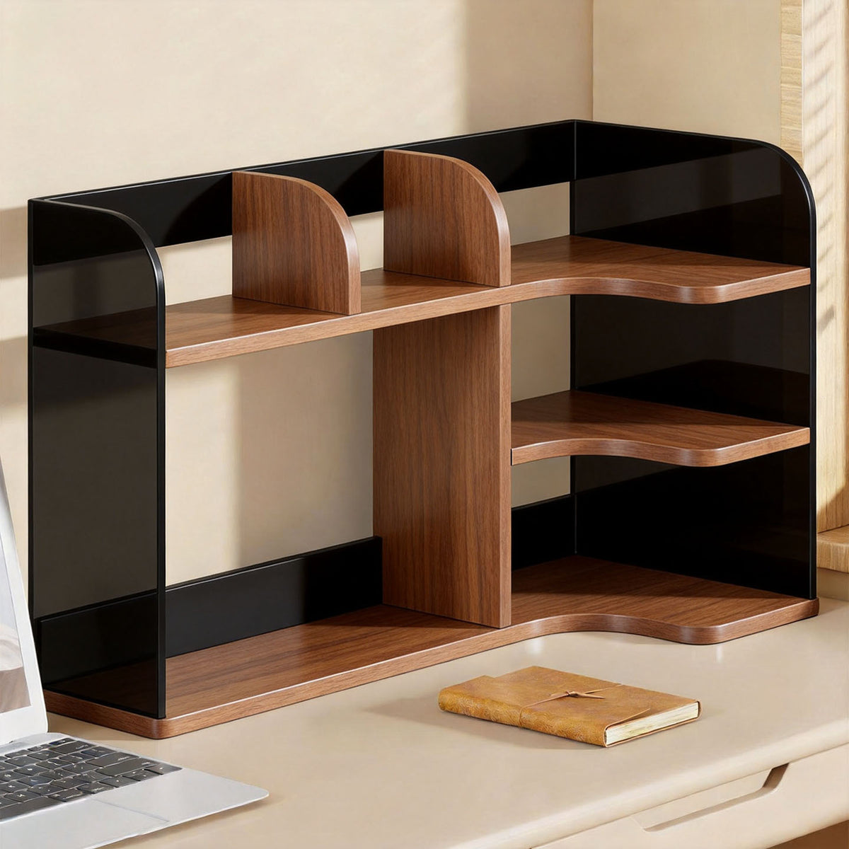 Multifunktionale Desktop-Regalorganisator mit erhöhtem Rücken und offenen Fächern