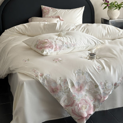 Besticktes Satin-Bettwäsche-Set mit floraler Relief-Stickerei und seidigem Finish Brehn