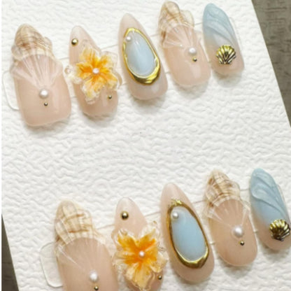 Künstlerisches Floral- und Stern-Applikationen Press-On Nagelset Brehn