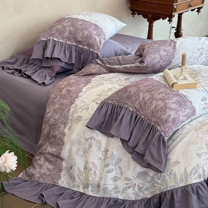 Rüschend floral Baumwoll-Leinen Bettbezug Set