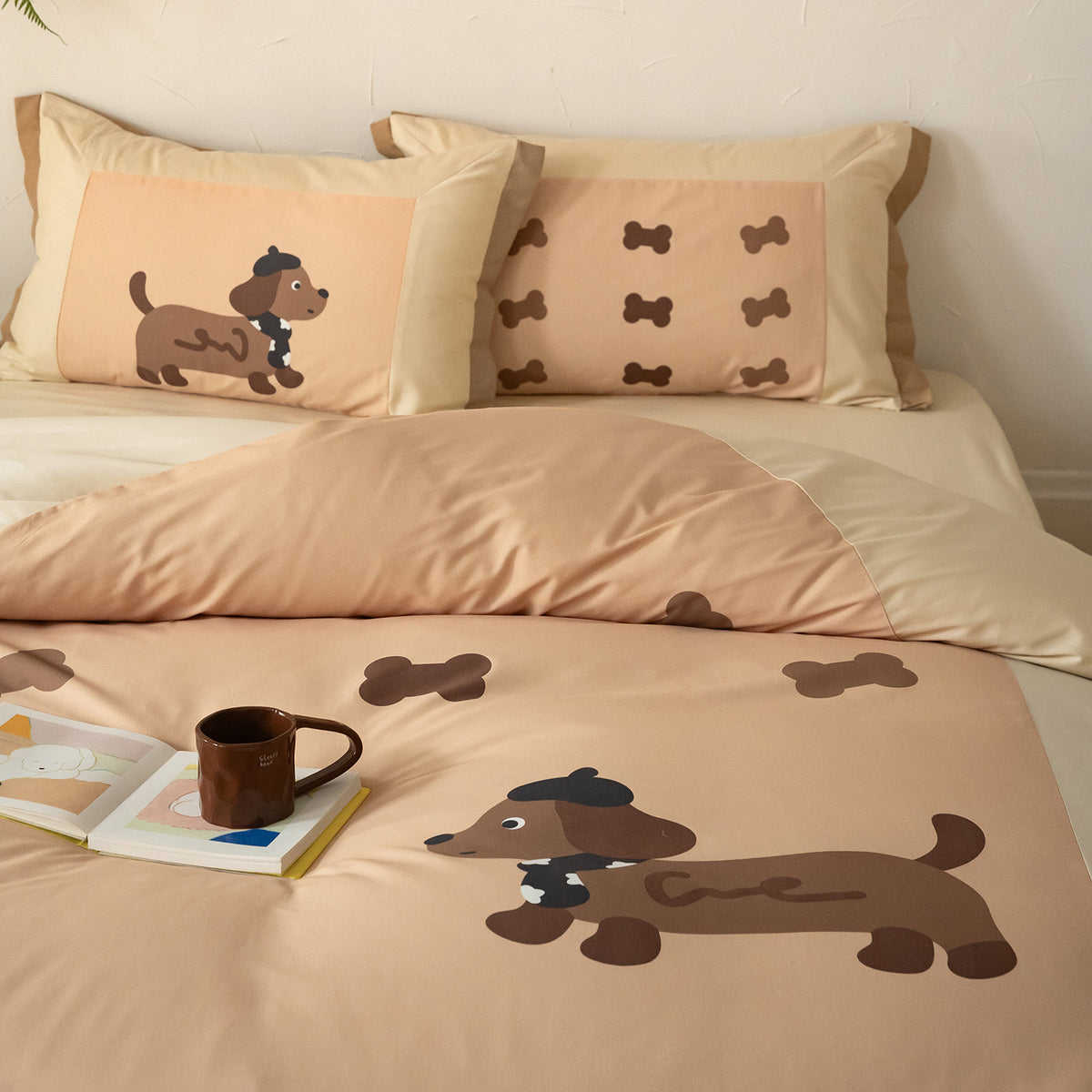 Cartoon Dackel Baumwollsatin Bettbezug Bettwäsche Set mit bedruckten Kissenbezügen