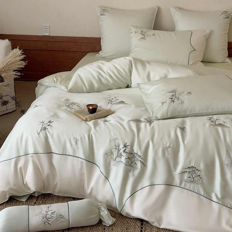 Besticktes botanisches Satin-Bettbezug-Set mit gewelltem Rand und tiefen Ecken