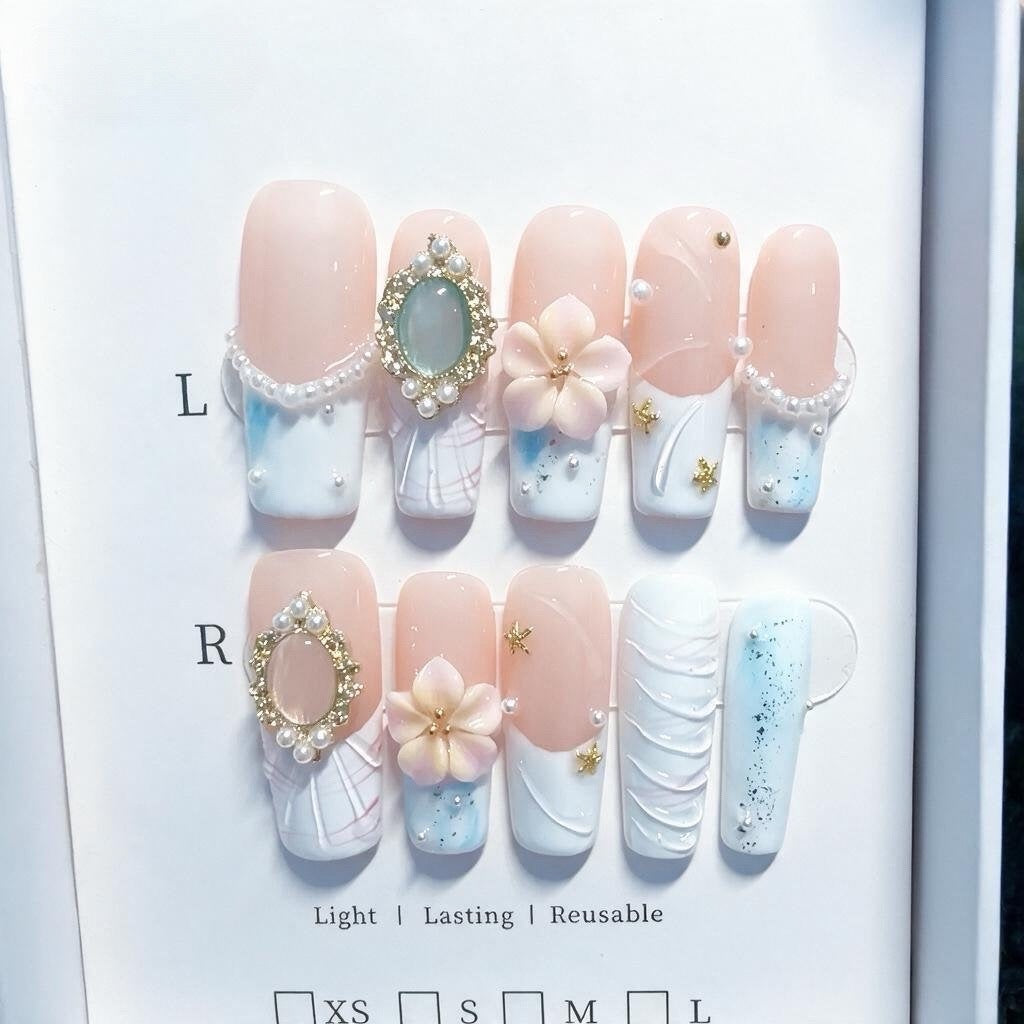 Blumenverzierte Press-On Nagelset