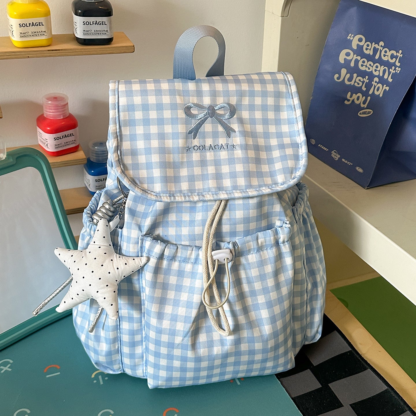Charmanter Kariert Zugbeutel-Schul-Rucksack