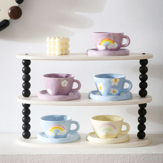 Pastell-Design Keramik-Tassen-Set mit Untertasse und erhabener Regenbogenrelief