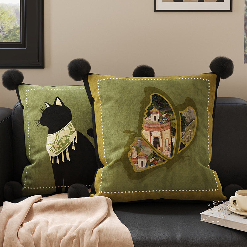 Decorative Velvet Throw Pillow Cover with Cat Silhouette and Corner Pom-Poms