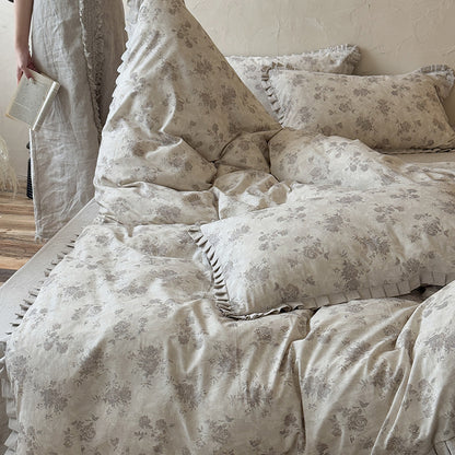 Bettwäsche-Garnitur im Vintage-Look aus Leinen-Baumwollmix mit feinem Blumenprint, Rüschenbordüre und Wendefunktion