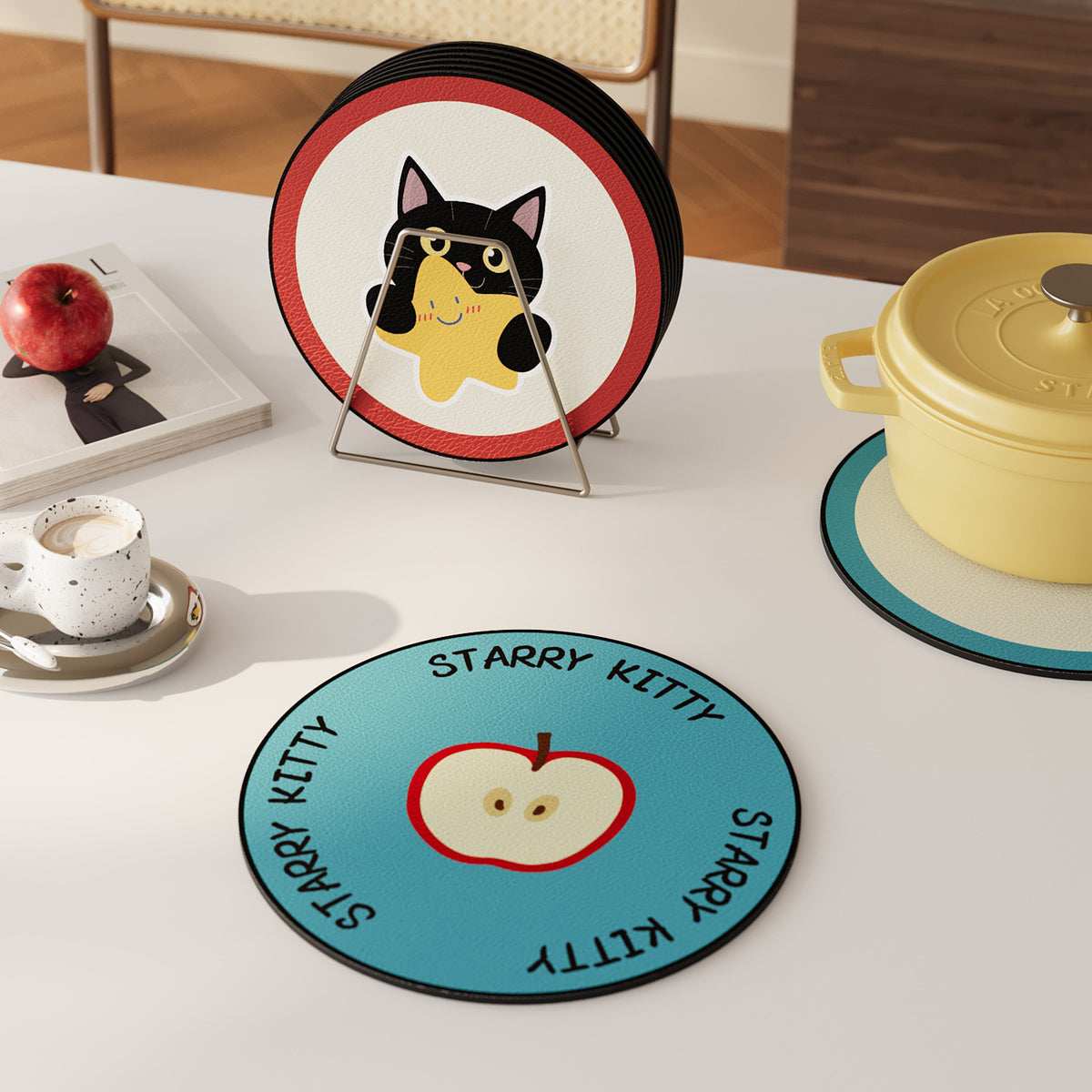 Round Non-Slip PU Leather Drink Coaster with Cute Cat Holding Star Illustration