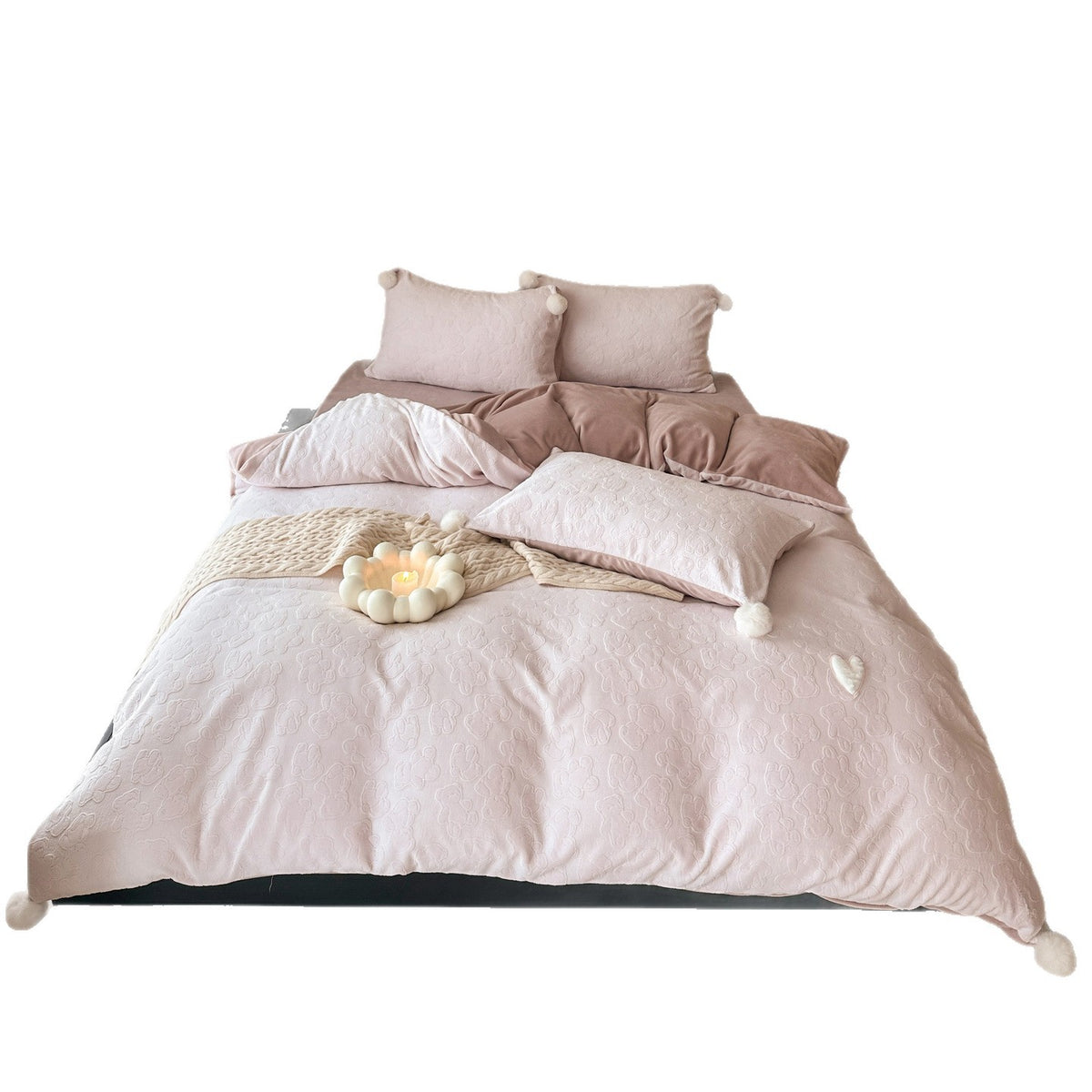 Plüsch Präge Mikrofleece Bettbezug und Kissenbezug Set mit Pom-Pom Akzentkissen