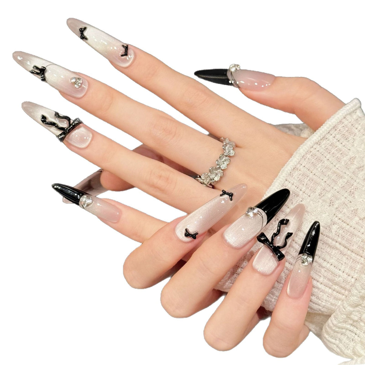 Künstlerisches Stiletto Press-On Nagelkunstset mit Steinakzenten