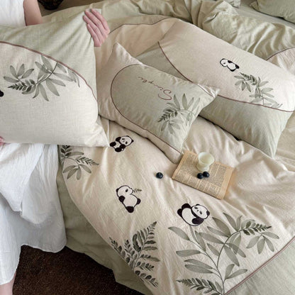 Bestickte Panda- und Botanische Baumwoll-Leinen Bettdeckenbezug Set mit Umschlag-Kissenbezüge
